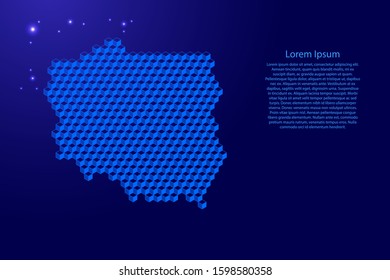 Poland map from 3D classic blue color cubes isometric abstract concept, square pattern, angular geometric shape, glowing stars. Vector illustration.