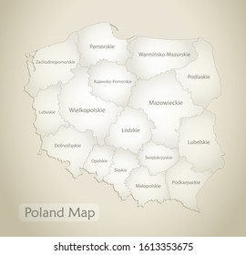 Poland map, administrative division with names, old paper background vector
