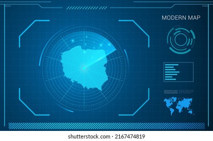 Poland Map Of Blue Digital Frame Technology Radar Vector HUD, GUI, UI Interface.