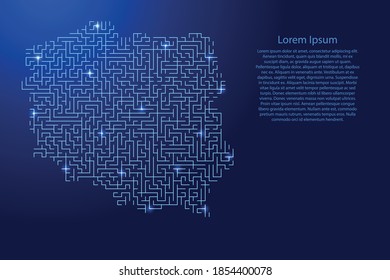 Poland map from blue pattern of the maze grid and glowing space stars grid. Vector illustration.