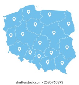 poland map blue with pin per region