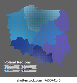 Poland Map of circle shape with the regions blue color in bright colors on white background. Vector illustration dotted style.