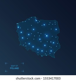 Poland map with cities. Luminous dots - neon lights on dark background. Vector illustration. 