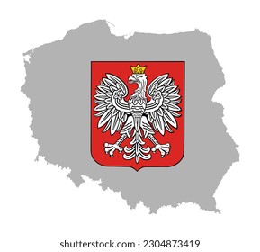 Poland map with Poland coat of arms over map vector silhouette illustration isolated on white background. National symbol.