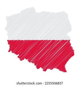 Poland map color hand drawn sketch. Vector concept illustration flag, scribble map. Country map for infographic, brochures and presentations isolated on white background. Vector illustration.