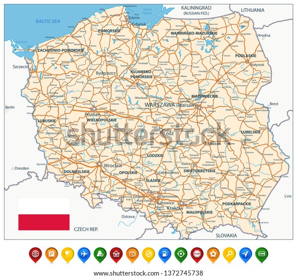 ポーランドの地図と色付きアイコン ポーランドの詳細な地図ベクターイラスト のベクター画像素材 ロイヤリティフリー