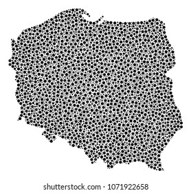 Poland Map composition of circle dots in variable sizes and color shades. Dots are united into poland map vector collage. Dotted vector illustration.