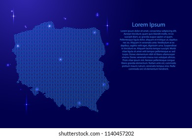 Poland map country abstract silhouette from wavy blue space sinusoid lines and glowing stars. Contour state of creative luminescence curve. Vector illustration.