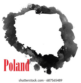 Poland. Map of the country. Stylized card and watercolor stains.