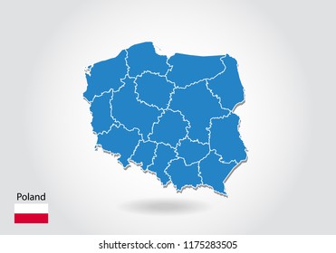 Poland map design with 3D style. Blue Poland map and National flag. Simple vector map with contour, shape, outline, on white.