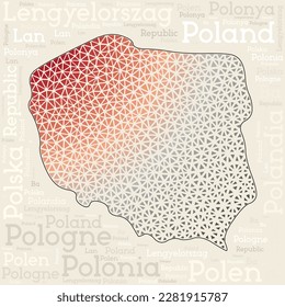 POLAND map design. Country names in different languages and map shape with geometric low poly triangles. Authentic vector illustration of Poland.