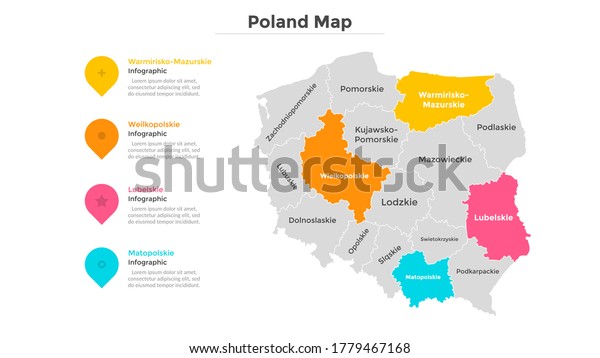 Poland map divided into federal states. Territory\
of country with regional borders. Polish administrative division.\
Infographic design template. Vector illustration for touristic\
guide, banner.