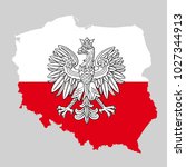 Poland map with eagle and white red polish flag, vector national emblem.