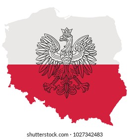 Poland Map With Eagle And White Red Polish Flag, Vector National Emblem.