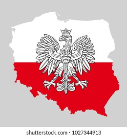 Poland Map With Eagle And White Red Polish Flag, Vector National Emblem.