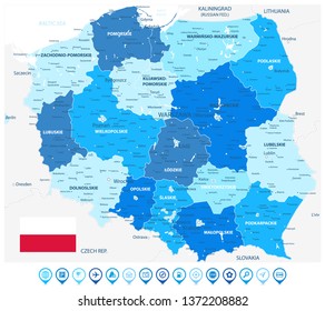 Poland Map and Flag - Administrative Map (voivodeships) - Detailed map of Poland vector illustration - All elements are separated in editable layers clearly labeled.
