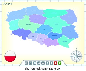 Poland Map with Flag Buttons and Assistance & Activates Icons Original Illustration