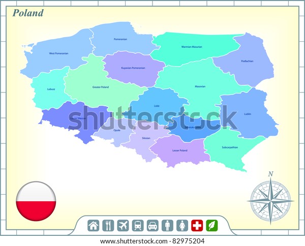 Poland Map with Flag Buttons and\
Assistance & Activates Icons Original\
Illustration
