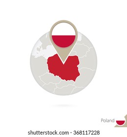 Poland map and flag in circle. Map of Poland, Poland flag pin. Map of Poland in the style of the globe. Vector Illustration.