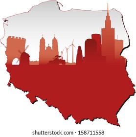 Poland map in flag colors and symbols of business and history of state