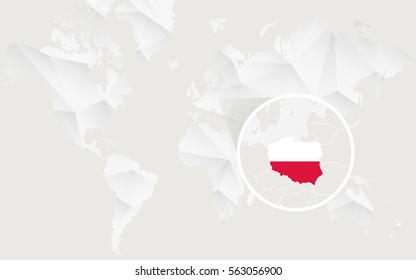 Poland map with flag in contour on white polygonal World Map. Vector Illustration.