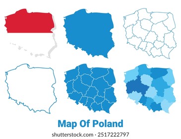Polen Karte mit Flagge und flachem Umriss, Vektorgrafik-Set