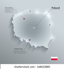 Poland map flag glass card paper 3D vector blue