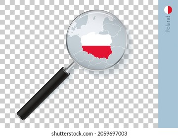 Poland map with flag in magnifying glass on transparent background. Vector loupe with map.