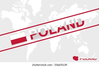 Poland map flag and text illustration, on world map