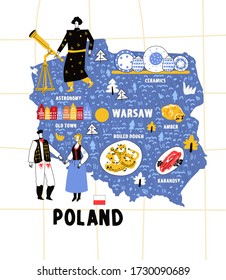 Poland map flat hand drawn vector illustration flag. Names lettering and cartoon landmarks, tourist attractions cliparts. Warsaw Travel, trip comic infographic poster, banner concept design.ai