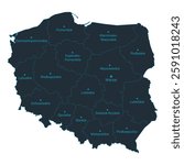 Poland map high detailed with administrative divide by state, capital cities names, outline simplicity style. Vector illustration EPS10.
