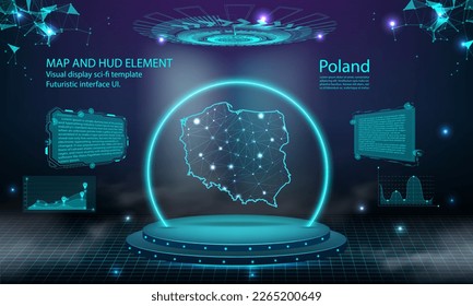 poland map light connecting effect background. abstract digital technology UI, GUI, futuristic HUD Virtual Interface with poland map. Stage futuristic podium in fog.
