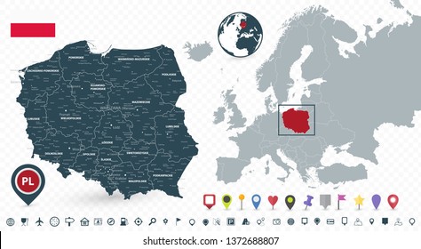 Poland Map and Poland location on the Europe map isolated on transparent background. Highly detailed vector illustration of map.