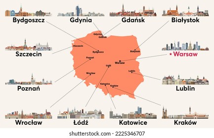 Poland map with main cities skylines. Vector set