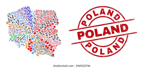 Poland map mosaic and grunge Poland red circle stamp seal. Poland badge uses vector lines and arcs. Poland map collage contains helmets, houses, wrenches, suns, hands, and more icons.
