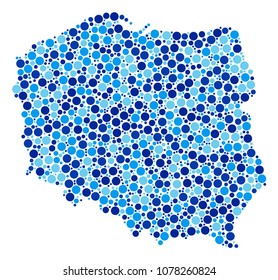 Poland Map mosaic of spheric dots in different sizes and blue color tones. Scattered small spheres are grouped into Poland Map composition. Vector geography blue map design concept.