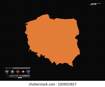 Poland Map Of Orange Digital Frame HUD, GUI, UI Interface Technology Radar Vector.