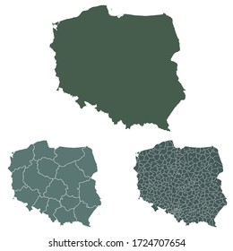 Poland map outline vector with administrative borders, regions, municipalities, departments in black white colors. Infographic design template map.