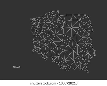 Polonia Map Point escala en el fondo negro. Línea blanca, punto y punto de sombra de la red poligonal con marco de cable.