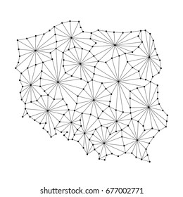 Poland map of polygonal mosaic lines network, rays and dots vector illustration.