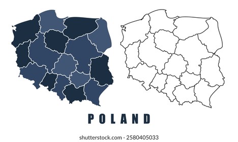 Poland map regions border outline vector set