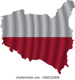 Poland map with rippled flag on white illustration. Waving Fabric Flag Map of Poland. Map of Europe. Vector White Background. Vector illustration eps10.