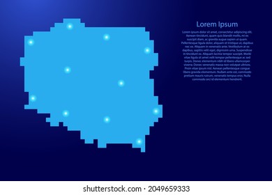 Polonia mapea la silueta desde píxeles cuadrados azules y estrellas brillantes. Ilustración vectorial.