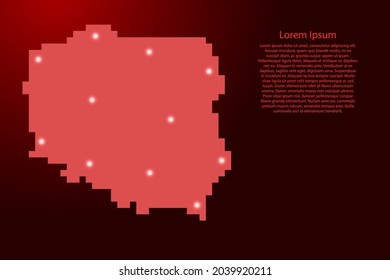Poland map silhouette from red square pixels and glowing stars. Vector illustration.