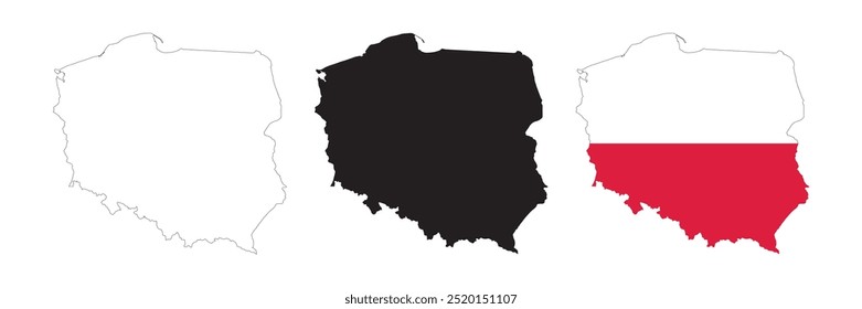 Poland map in various style outline, icon, black color, border, flag colors. Europe country icons collection. Vector illustration