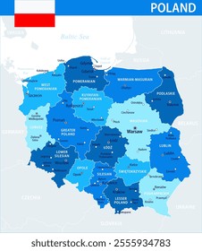 Poland Map Vector Blue Spot - Customizable layered political map of Poland with administrative divisions for website, education, reports, news, politics, print, poster and wallpaper