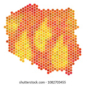 Poland map. Vector honeycomb territory map drawn with fire color hues. Abstract Poland map mosaic is designed of burn hexagonal blots.