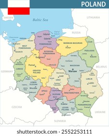 Poland Map Vector New 2024 Colorful - Customizable layered political map of Poland with administrative divisions for website, education, reports, news, politics, print, poster and wallpaper