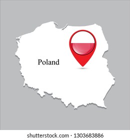 Poland map with white shadow and country name on the map. Check-in point with a national flag on a gray background.