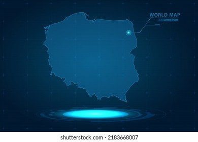 Poland Map - World Map International vector template with Hologram in perspective style and HUD, GUI, UI interface isolated on blue background for design - Vector illustration eps 10